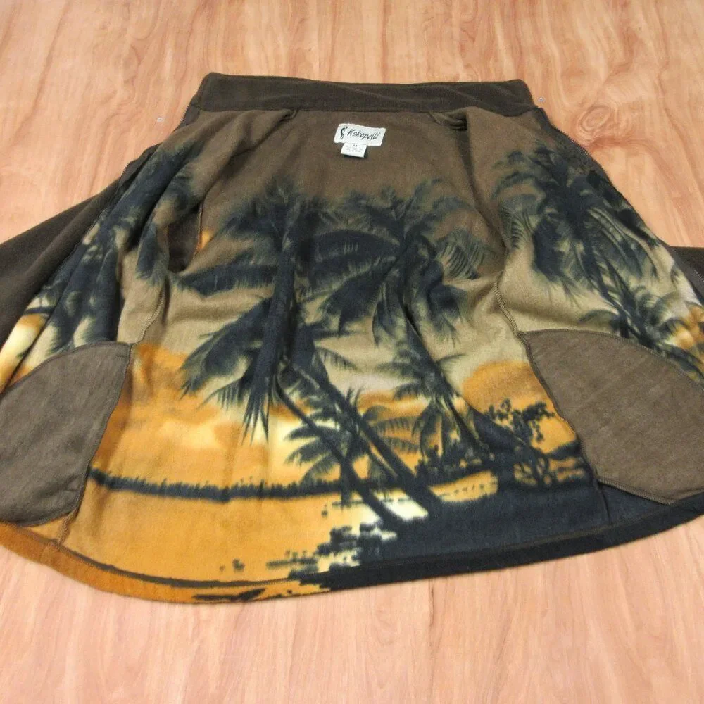 KOKOPELLI All Over Palm Print Zip-Up‎ Fleece Jacket Sz M Hawaiian Tropical Coat